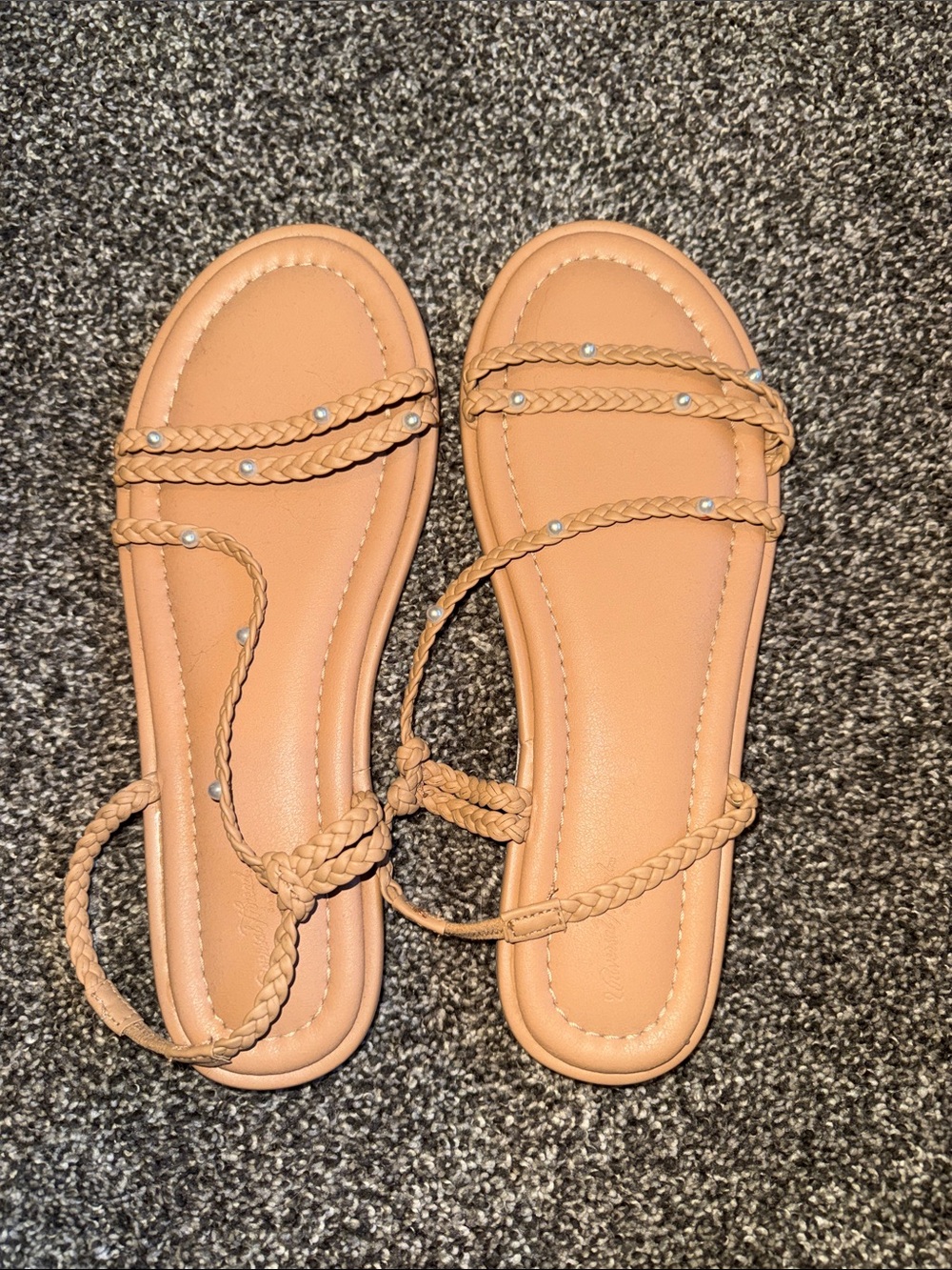 Women's Tan Braided Strappy Sandals with Pearls
